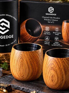 SNUGEDGE Charred Oak Wooden Whiskey Glasses Set of 2 – 10 oz – New Sealed